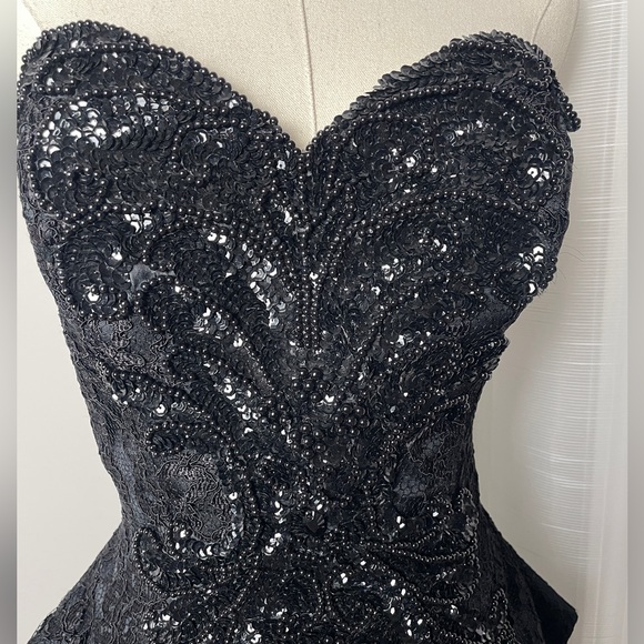 VTG 80s Karen Okada Beaded Embellished Mini Black Dress Sweetheart Strapless - Picture 2 of 11